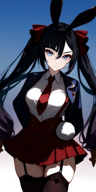 ((by ask)),amazing quality, masterpiece, best quality, absurdres, beautiful, detailed shadow, aesthetic,chromatic aberration, blurry background,mona_(genshin_impact), 1girl, 1girl, solo, skirt, animal_ears, thighhighs, rabbit_ears, twintails, necktie, rabbit_tail, blue_eyes, garter_straps, pleated_skirt, looking_at_viewer, long_hair, jacket, red_skirt, tail, red_necktie, miniskirt, thighs, long_sleeves, black_hair, hand_on_hip, bangs, breasts, shirt, black_jacket, black_thighhighs, zettai_ryouiki, buttons, white_shirt, skindentation, hair_between_eyes, collared_shirt, closed_mouth, medium_breasts, cowboy_shot, standing, suspenders, hair_ribbon, ribbon,simple_background, chromatic aberration,harevv,Broken geode ,niji5