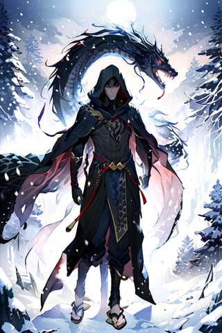 High detail, high quality, masterpiece, beautiful, dark, Asian eyes, snake-like eyes, scaly skin, scales, shinobi attire, (short black hair), (long black hooded robe), black gloves, (loose black fabric pants), woven straw waraji sandals, 1 adult man, solo, gorgon, tall, slender, standing and looking forward with a cold, killer gaze, background of a frozen Japanese forest, night, moonlight, snow, snowfall