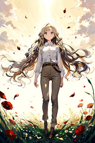 High detail, high quality, masterpiece, beautiful, dark, green eyes, (light blonde hair, long hair, wavy hair, semi-gathered hair), (beige shirt, buttons, inside), (brown pants, dress pants, above, belt), leather shoes, pretty, 1 little lady, girl, kid, child, thin, slim, slender, tall, beauty, curious gaze, plain field background, grass, petals, standing, looking up, flowers, sunny