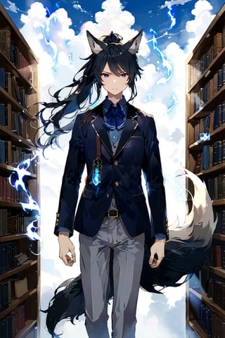 High detail, high quality, masterpiece, beautiful, dark, purple eyes, kitsune, semi-human, fox tails, 3 tails, furry tails, fox ears, (black hair, long hair, semi-gathered hair, messy hair, ponytail), (sky-blue shirt, inside shirt, buttons, blue kerchief), (navy blazer, buttoned blazer), ultramarine bows, dress pants, pointed shoes, 1 young boy, young man, boy, solo, elegant, intimidating, serious expression, looking forward, standing, masculine, arrogant gaze, tall, strong, library background, books, spirits, bookshelf, bookshelves, magic books,holo