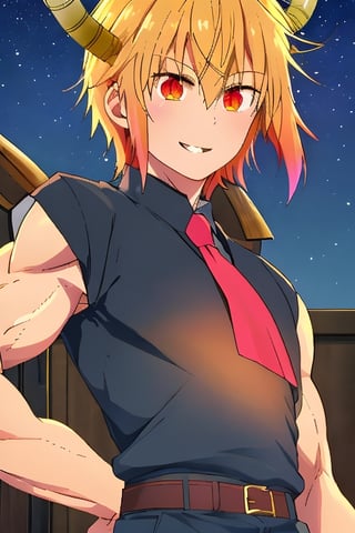 
Highly detailed.High Quality.Masterpiece. Beaitiful (tight medium shot).

Young man of 20 years old (similar to Tohru), with tanned skin, tall and with a great physique (muscular). She has short blonde hair and messy bangs with an orange gradient with pink tips on the side strands. It has large, slightly slanted, orange-red eyes (bright and well detailed). Basically his shirt and suit is like Tohru's, but he's a man, and black pants. He is alone, with a light and cheerful smile on his face enjoying a beautiful night of moonlight and bright stars in the sky.