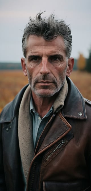 A Leica M6 captures a portrait of a man with a contemplative gaze, his eyes a reservoir of untold stories. The diffused light of the overcast sky softens his rugged features and highlights the subtle furrow of his brow. He's wearing a worn leather jacket that tells of adventures past, contrasting with the soft, earthy tones of the fading daylight. The angle of the shot is such that the light seems to cradle his face. In the background, a misty forest looms, its edges blurred, echoing the introspective mood. The air is crisp, signaling the onset of fall, and adding a tactile dimension to the scene.