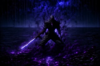 masterpiece, bestquality,I want a sinister man on his knees with the sword in front of him stuck in the ground,sinister guy, aura all over his body, dark, purple lights in the background and a dark sky with the waning moon.,r1ge.,DGQMGirl,perfect light,DonMM4g1c