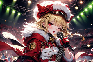 Blonde woman,playing electric guitar,short hair,red eyes,long red eyelashes,red lips,wearing a red snow hat with a white fur ball on the top,a purple starfish on the hat,white fur on the edge of the hat,and a red coat,coat with gold buttons,green skirt,green bow on the neck,green sneakers,gold laces, no gloves,singing in front of microphone,sleeping furry white cat audience,white cat wearing a pink bow on head,surrounded by bubbles,shining point,concert,colorful stage lighting,no people,Tetris game background,anime