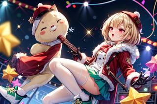 Blonde woman,singing,playing electric guitar,short hair,red eyes,long red eyelashes,red lips,wearing a red snow hat with a white fur ball on the top,a purple starfish on the hat,white fur on the edge of the hat,and a red coat,coat with gold buttons,green skirt,green bow on the neck,green sneakers,gold laces, no gloves,singing in front of microphone,sleeping furry white cat audience,white cat wearing a pink bow on head,surrounded by bubbles,shining point,concert,colorful stage lighting,no people,Tetris game background,anime