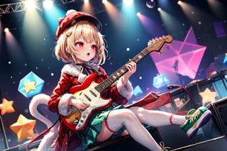 Blonde woman,singing,playing electric guitar,short hair,red eyes,long red eyelashes,red lips,wearing a red snow hat with a white fur ball on the top,a purple starfish on the hat,white fur on the edge of the hat,and a red coat,coat with gold buttons,green skirt,green bow on the neck,green sneakers,gold laces, no gloves,singing in front of microphone,sleeping furry white cat audience,white cat wearing a pink bow on head,surrounded by bubbles,shining point,concert,colorful stage lighting,no people,Tetris game background,anime