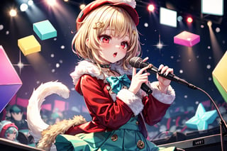 Blonde woman,singing,playing electric guitar,short hair,red eyes,long red eyelashes,red lips,wearing a red snow hat with a white fur ball on the top,a purple starfish on the hat,white fur on the edge of the hat,and a red coat,coat with gold buttons,green skirt,green bow on the neck,green sneakers,gold laces, no gloves,singing in front of microphone,sleeping furry white cat audience,white cat wearing a pink bow on head,surrounded by bubbles,shining point,concert,colorful stage lighting,no people,Tetris game background,anime