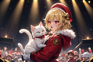 Blonde woman,playing electric guitar,short hair,red eyes,long red eyelashes,red lips,wearing a red snow hat with a white fur ball on the top,a purple starfish on the hat,white fur on the edge of the hat,and a red coat,coat with gold buttons,green skirt,green bow on the neck,green sneakers,gold laces, no gloves,singing in front of microphone,sleeping furry white cat audience,white cat wearing a pink bow on head,surrounded by bubbles,shining point,concert,colorful stage lighting,no people,Tetris game background,anime