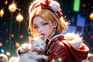 vtuber,Blonde girl,short hair,ruby-like eyes,red eyes,long red eyelashes,red lips, wearing a red snow hat with a white fur ball on the top,a purple starfish on the hat,white fur on the edge of the hat,and a red coat,coat with gold buttons,green skirt,green bow on the neck,green sneakers,gold laces,singing in front of microphone,holding a sleeping furry white cat,white cat wearing a pink bow on its head,surrounded by bubbles,shining point,concert,colorful stage lighting,no people,Tetris game background