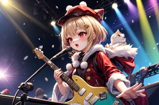 Blonde woman,singing,playing electric guitar,short hair,red eyes,long red eyelashes,red lips,wearing a red snow hat with a white fur ball on the top,a purple starfish on the hat,white fur on the edge of the hat,and a red coat,coat with gold buttons,green skirt,green bow on the neck,green sneakers,gold laces, no gloves,singing in front of microphone,sleeping furry white cat audience,white cat wearing a pink bow on head,surrounded by bubbles,shining point,concert,colorful stage lighting,no people,Tetris game background,anime