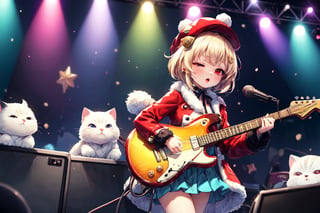 Blonde woman,singing,playing electric guitar,short hair,red eyes,long red eyelashes,red lips,wearing a red snow hat with a white fur ball on the top,a purple starfish on the hat,white fur on the edge of the hat,and a red coat,coat with gold buttons,green skirt,green bow on the neck,green sneakers,gold laces, no gloves,singing in front of microphone,sleeping furry white cat audience,white cat wearing a pink bow on head,surrounded by bubbles,shining point,concert,colorful stage lighting,no people,Tetris game background,anime