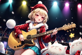 Blonde woman,singing,playing electric guitar,short hair,red eyes,long red eyelashes,red lips,wearing a red snow hat with a white fur ball on the top,a purple starfish on the hat,white fur on the edge of the hat,and a red coat,coat with gold buttons,green skirt,green bow on the neck,green sneakers,gold laces, no gloves,singing in front of microphone,sleeping furry white cat audience,white cat wearing a pink bow on head,surrounded by bubbles,shining point,concert,colorful stage lighting,no people,Tetris game background,anime