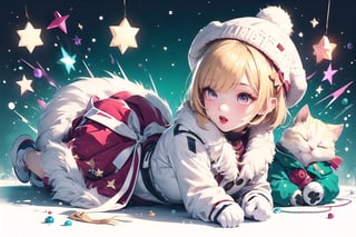 Blonde girl,short hair,red eyes,long red eyelashes,red lips, wearing a red snow hat with a white fur ball on the top,a purple starfish on the hat,white fur on the edge of the hat,and a red coat,coat with gold buttons,green skirt,green bow on the neck,green sneakers,gold laces, no gloves,singing in front of microphone,surrounded by sleeping furry white cat,white cat wearing a pink bow on its head,surrounded by bubbles,shining point,concert,colorful stage lighting,no people,Tetris game background