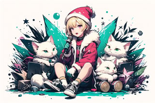 Blonde girl,short hair,ruby-like eyes,long red eyelashes,red lips, wearing a red snow hat with a white fur ball on the top,a purple starfish on the hat,white fur on the edge of the hat,and a red coat,coat with gold buttons,green skirt,green bow on the neck,green sneakers,gold laces, no gloves,singing in front of microphone,surrounded by sleeping furry white cat,white cat wearing a pink bow on its head,surrounded by bubbles,shining point,concert,colorful stage lighting,no people,Tetris game background