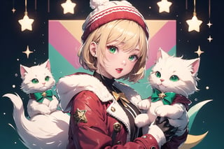 Blonde girl,short hair,red eyes,long red eyelashes,red lips, wearing a red snow hat with a white fur ball on the top,a purple starfish on the hat,white fur on the edge of the hat,and a red coat,coat with gold buttons,green skirt,green bow on the neck,green sneakers,gold laces, no gloves,singing in front of microphone,surrounded by sleeping furry white cat,white cat wearing a pink bow on its head,surrounded by bubbles,shining point,concert,colorful stage lighting,no people,Tetris game background