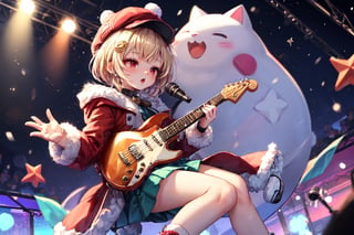 Blonde woman,singing,playing electric guitar,short hair,red eyes,long red eyelashes,red lips,wearing a red snow hat with a white fur ball on the top,a purple starfish on the hat,white fur on the edge of the hat,and a red coat,coat with gold buttons,green skirt,green bow on the neck,green sneakers,gold laces, no gloves,singing in front of microphone,sleeping furry white cat audience,white cat wearing a pink bow on head,surrounded by bubbles,shining point,concert,colorful stage lighting,no people,Tetris game background,anime