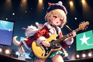 Blonde woman,singing,playing electric guitar,short hair,red eyes,long red eyelashes,red lips,wearing a red snow hat with a white fur ball on the top,a purple starfish on the hat,white fur on the edge of the hat,and a red coat,coat with gold buttons,green skirt,green bow on the neck,green sneakers,gold laces, no gloves,singing in front of microphone,sleeping furry white cat audience,white cat wearing a pink bow on head,surrounded by bubbles,shining point,concert,colorful stage lighting,no people,Tetris game background,anime