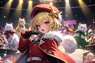 Blonde woman,playing electric guitar,short hair,red eyes,long red eyelashes,red lips,wearing a red snow hat with a white fur ball on the top,a purple starfish on the hat,white fur on the edge of the hat,and a red coat,coat with gold buttons,green skirt,green bow on the neck,green sneakers,gold laces, no gloves,singing in front of microphone,sleeping furry white cat audience,white cat wearing a pink bow on head,surrounded by bubbles,shining point,concert,colorful stage lighting,no people,Tetris game background,anime