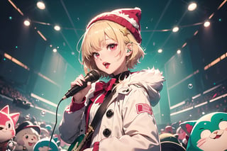 solo,Blonde woman,singing,playing electric guitar,short hair,red eyes,long red eyelashes,red lips,wearing a red snow hat with a white fur ball on the top,a purple starfish on the hat,white fur on the edge of the hat,and a red coat,coat with gold buttons,green skirt,green bow on the neck,green sneakers,gold laces, no gloves,singing in front of microphone,sleeping furry white cat audience,white cat wearing a pink bow on head,surrounded by bubbles,shining point,concert,colorful stage lighting,no people,Tetris game background