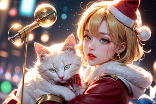 vtuber,Blonde girl,short hair,ruby-like eyes,red eyes,long red eyelashes,red lips, wearing a red snow hat with a white fur ball on the top,a purple starfish on the hat,white fur on the edge of the hat,and a red coat,coat with gold buttons,green skirt,green bow on the neck,green sneakers,gold laces,singing in front of microphone,holding a sleeping furry white cat,white cat wearing a pink bow on its head,surrounded by bubbles,shining point,concert,colorful stage lighting,no people,Tetris game background