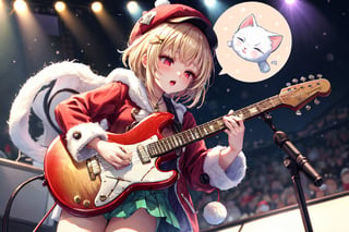 Blonde woman,singing,playing electric guitar,short hair,red eyes,long red eyelashes,red lips,wearing a red snow hat with a white fur ball on the top,a purple starfish on the hat,white fur on the edge of the hat,and a red coat,coat with gold buttons,green skirt,green bow on the neck,green sneakers,gold laces, no gloves,singing in front of microphone,sleeping furry white cat audience,white cat wearing a pink bow on head,surrounded by bubbles,shining point,concert,colorful stage lighting,no people,Tetris game background,anime