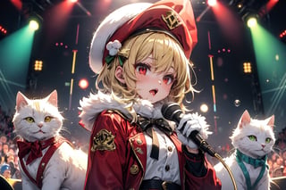 Blonde woman,playing electric guitar,short hair,red eyes,long red eyelashes,red lips,wearing a red snow hat with a white fur ball on the top,a purple starfish on the hat,white fur on the edge of the hat,and a red coat,coat with gold buttons,green skirt,green bow on the neck,green sneakers,gold laces, no gloves,singing in front of microphone,sleeping furry white cat audience,white cat wearing a pink bow on head,surrounded by bubbles,shining point,concert,colorful stage lighting,no people,Tetris game background,anime