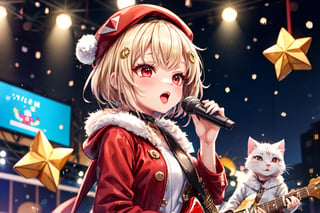 Blonde woman,singing,playing electric guitar,short hair,red eyes,long red eyelashes,red lips,wearing a red snow hat with a white fur ball on the top,a purple starfish on the hat,white fur on the edge of the hat,and a red coat,coat with gold buttons,green skirt,green bow on the neck,green sneakers,gold laces, no gloves,singing in front of microphone,sleeping furry white cat audience,white cat wearing a pink bow on head,surrounded by bubbles,shining point,concert,colorful stage lighting,no people,Tetris game background,anime