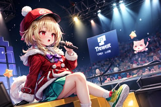 Blonde woman,singing,playing electric guitar,short hair,red eyes,long red eyelashes,red lips,wearing a red snow hat with a white fur ball on the top,a purple starfish on the hat,white fur on the edge of the hat,and a red coat,coat with gold buttons,green skirt,green bow on the neck,green sneakers,gold laces, no gloves,singing in front of microphone,sleeping furry white cat audience,white cat wearing a pink bow on head,surrounded by bubbles,shining point,concert,colorful stage lighting,no people,Tetris game background,anime