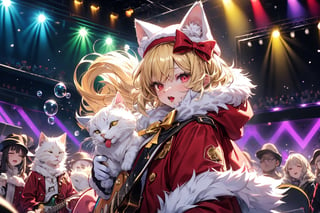 Blonde woman,playing electric guitar,short hair,red eyes,long red eyelashes,red lips,wearing a red snow hat with a white fur ball on the top,a purple starfish on the hat,white fur on the edge of the hat,and a red coat,coat with gold buttons,green skirt,green bow on the neck,green sneakers,gold laces, no gloves,singing in front of microphone,sleeping furry white cat audience,white cat wearing a pink bow on head,surrounded by bubbles,shining point,concert,colorful stage lighting,no people,Tetris game background,anime