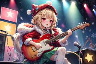 Blonde woman,singing,playing electric guitar,short hair,red eyes,long red eyelashes,red lips,wearing a red snow hat with a white fur ball on the top,a purple starfish on the hat,white fur on the edge of the hat,and a red coat,coat with gold buttons,green skirt,green bow on the neck,green sneakers,gold laces, no gloves,singing in front of microphone,sleeping furry white cat audience,white cat wearing a pink bow on head,surrounded by bubbles,shining point,concert,colorful stage lighting,no people,Tetris game background,anime