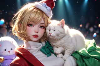 Blonde girl,short hair,red eyes,long red eyelashes,red lips, wearing a red snow hat with a white fur ball on the top,a purple starfish on the hat,white fur on the edge of the hat,and a red coat,coat with gold buttons,green skirt,green bow on the neck,green sneakers,gold laces, no gloves,singing in front of microphone,surrounded by sleeping furry white cat,white cat wearing a pink bow on its head,surrounded by bubbles,shining point,concert,colorful stage lighting,no people,Tetris game background