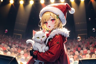 vtuber,Blonde girl,short hair,ruby-like eyes,red eyes,long red eyelashes,red lips, wearing a red snow hat with a white fur ball on the top,a purple starfish on the hat,white fur on the edge of the hat,and a red coat,coat with gold buttons,green skirt,green bow on the neck,green sneakers,gold laces,singing in front of microphone,holding a sleeping furry white cat,white cat wearing a pink bow on its head,surrounded by bubbles,shining point,concert,colorful stage lighting,no people,Tetris game background