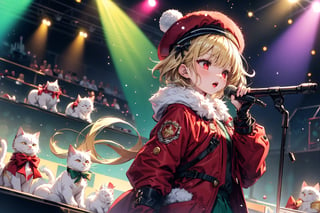 Blonde woman,playing electric guitar,short hair,red eyes,long red eyelashes,red lips,wearing a red snow hat with a white fur ball on the top,a purple starfish on the hat,white fur on the edge of the hat,and a red coat,coat with gold buttons,green skirt,green bow on the neck,green sneakers,gold laces, no gloves,singing in front of microphone,sleeping furry white cat audience,white cat wearing a pink bow on head,surrounded by bubbles,shining point,concert,colorful stage lighting,no people,Tetris game background,anime