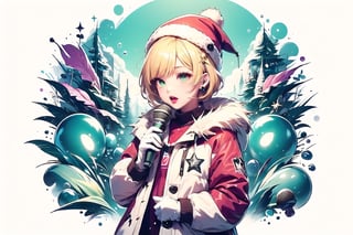 Blonde girl,short hair,red eyes,long red eyelashes,red lips, wearing a red snow hat with a white fur ball on the top,a purple starfish on the hat,white fur on the edge of the hat,and a red coat,coat with gold buttons,green skirt,green bow on the neck,green sneakers,gold laces, no gloves,singing in front of microphone,surrounded by sleeping furry white cat,white cat wearing a pink bow on its head,surrounded by bubbles,shining point,concert,colorful stage lighting,no people,Tetris game background