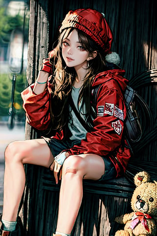 (masterpiece),,(best quality), 
1girl, solo, long hair, looking at viewer, long sleeves, hat, closed mouth, jacket, outdoors, hood, bag, blurry, fur trim, blurry background, stuffed toy, backpack, stuffed animal, hood down, ground vehicle, bandaid, hooded jacket, red headwear, motor vehicle, red jacket, santa hat, teddy bear, bandaid on face,Rosy Zhao