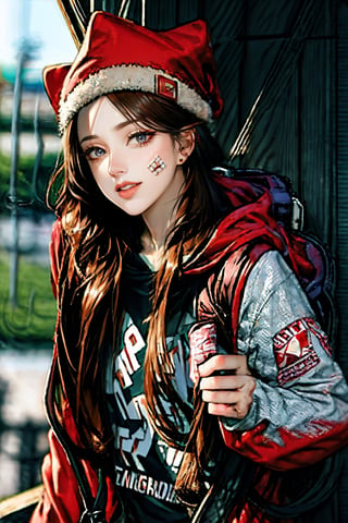 (masterpiece),,(best quality), 
1girl, solo, long hair, looking at viewer, long sleeves, hat, closed mouth, jacket, outdoors, hood, bag, blurry, fur trim, blurry background, stuffed toy, backpack, stuffed animal, hood down, ground vehicle, bandaid, hooded jacket, red headwear, motor vehicle, red jacket, santa hat, teddy bear, bandaid on face,Rosy Zhao