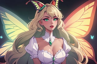 ((masterpiece, best quality, 1girl, solo)), short curly dark light blonde retro hairstyle, hair with bang, green eyes,  White skin, demonic outfit classy chic, demon aesthetic, green eyes, butterfly wings and antennae, red lips, white skin,  hupper body, face view,  thick eyelashes, red dress, happy,  long face, sharp jaw, huge boobs,  demon butterfly, butterfly aesthetic; Cotton Candy, Alastor