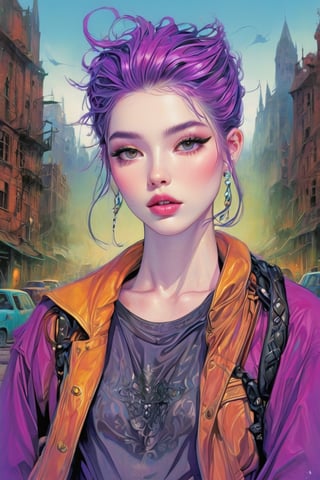 1girl, elven features, braid hairstyle, pale green eyes, purple hair with white inclusion, sexual casual outfit, semirealism, detailed clothes, detailed jewerly, city background, elven style tattoo, dark black soft palette, flat lighting, full body portrayal, punk attitude, toxic palette, messy hairstyle, merge vibrant of pop art style and gloominess of gothic style, intricate detail, dark comedy embience, K-Eyes, digital artwork by Beksinski, PastelPunk