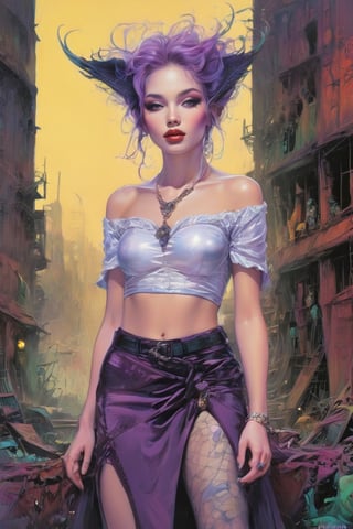 1girl, elven features, braid hairstyle, pale green eyes, purple hair with white inclusion, sexual casual outfit, semirealism, detailed clothes, detailed jewerly, city background, elven style tattoo, dark black soft palette, flat lighting, full body portrayal, punk attitude, toxic palette, messy hairstyle, merge vibrant of pop art style and gloominess of gothic style, intricate detail, dark comedy embience, K-Eyes, digital artwork by Beksinski, PastelPunk