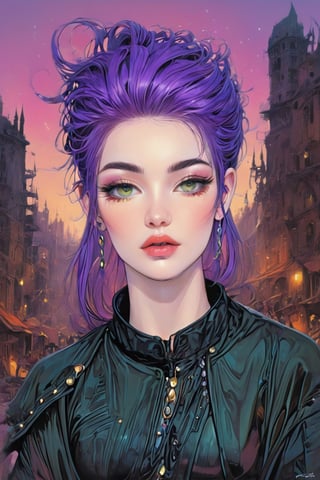 1girl, elven features, braid hairstyle, pale green eyes, purple hair with white inclusion, sexual casual outfit, semirealism, detailed clothes, detailed jewerly, city background, elven style tattoo, dark black soft palette, flat lighting, full body portrayal, punk attitude, toxic palette, messy hairstyle, merge vibrant of pop art style and gloominess of gothic style, intricate detail, dark comedy embience, K-Eyes, digital artwork by Beksinski, PastelPunk