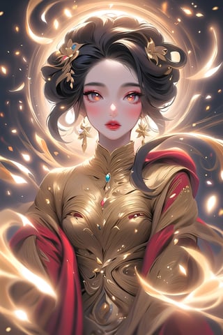 ((1girl), (Artgerm, WLOP, Greg Rutkowski; beautiful hot African voodoo goddess, detailed full body, black hair, intricately designed beautiful face, intricately designed gold and red open clothes, very big chest, photograph taken on Nikon D750, Intricate, Elegant, digital illustration, scenic, hyper-realistic, hyper-detailed), beautiful eyes, high detail, ((clear face)), light falls on her face, (icinematic, inner glowing shining, transparent body, beautiful detailed eyes, beautiful detailed lips, long eyelashes, soft flowing black hair with golden strands, gems in the hairstyle, soft ambient lighting, sublime beauty, sublime beauty, gentle mist, impeccable composition, vivid colors, luminous glow, fantasy element, mysterious charm, dreamlike quality, hauntingly beautiful, serene atmosphere, enchanting allure, cinematic), beautiful view, motion blur, brushstrokes, concept art, beautiful, masterpiece, 8k, fractral neon, soft style, soft background, soft blurry brushstroke, airbrushing, pastel painting, eye contact, LED star, K-Eyes, NIJI STYLE,NIJI STYLE,K-Eyes