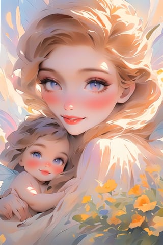 Style by NTY, ((1girl) (1baby boy)), (beautiful girl smiles, young beautiful woman with baby boy, mom hugs baby boy, mom fairy, baby fairy, fairy fairy wings, fantasy, ((Watercolor drawing by Thomas Moran)), beautiful eyes, high detail, clear face, light falls on her face, fairy-tale world, wildflowers, sunny day, voluminous lighting, vintage, soft morning light, sunlight glinting on her skin), beautiful eyes, high detail, ((clear face)), light falls on her face, (icinematic, inner glowing shining, transparent body, beautiful detailed eyes, beautiful detailed lips, long eyelashes, soft flowing hair, soft ambient lighting, sublime beauty, sublime beauty, gentle mist, impeccable composition, vivid colors, luminous glow, fantasy element, mysterious charm, dreamlike quality, hauntingly beautiful, serene atmosphere, enchanting allure, cinematic), beautiful view, motion blur, brushstrokes, concept art, beautiful, masterpiece, 8k, fractral neon, soft style, soft background, soft blurry brushstroke, airbrushing, pastel painting, eye contact, LED star, K-Eyes, NIJI STYLE