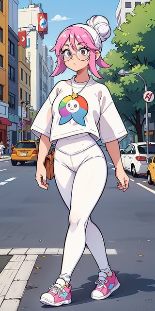 1 girl, lady, bright color, over size long shirt, (graphic_oversize_tshirt:1.2),  (white_leggings:1.5), converse sneakers, rainbow sun glasses, fine purse, high end necklace, full body, hair bun, walking on crossing, NYC street