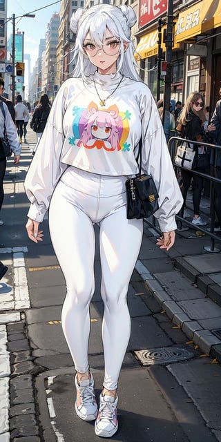 1 girl, lady, bright color, over size long shirt, (graphic_oversize_tshirt:1.2),  (white_leggings:1.5), converse sneakers, rainbow sun glasses, fine purse, high end necklace, full body, hair bun, walking on crossing, NYC street