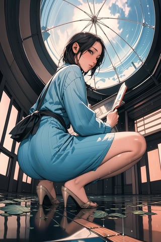 1 girl ,solo, squatting, midnight, rainy day, holding a normal umbrella, (from below 1.5), (quarter view 1.1), (fish eye 1.3), point to viewer, wet floor, water pond, reflection, looking_at_viewer, ,syonbenyokocho