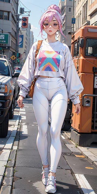 1 girl, lady, bright color, over size long shirt, (graphic_oversize_tshirt:1.2),  (white_leggings:1.5), converse sneakers, rainbow sun glasses, full body, hair bun, walking on crossing, NYC street