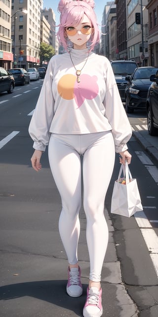 1 girl, lady, bright color, over size long shirt, (graphic_oversize_tshirt:1.2),  (white_leggings:1.5), converse sneakers, rainbow sun glasses, fine purse, high end necklace, full body, hair bun, walking on crossing, NYC street