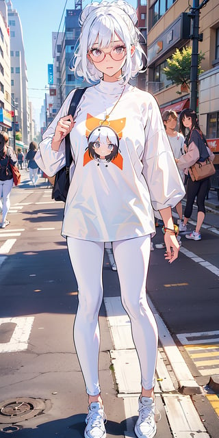 1 girl, lady, bright color, over size long shirt, (graphic_oversize_tshirt:1.2),  (white_leggings:1.5), converse sneakers, rainbow sun glasses, fine purse, high end necklace, full body, hair bun, walking on crossing, NYC street