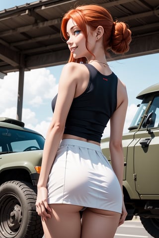 1girl, parted lips,  from back, presenting ass,  on a parking lot MILITARY cars, light smile, (light blue eyes, long  red ginger hair), school uniform (white thight tank top ,short cute SOILDER skirt),skirt up, show ass thigh gap, medium brests , light rays, glow, thighs, collarbone, narrow waist, slim body,  (masterpiece), wallpaper, cluseller, 