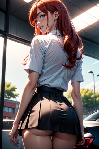 1girl, parted lips,  from back, presenting ass,  light smile, (light blue eyes, long  red ginger hair), school uniform (white thight shirt ,short cute school skirt),skirt up, show ass thigh gap, medium brests , light rays, glow, thighs, collarbone, narrow waist, slim body,  (masterpiece), wallpaper, cluseller, on a parking lot muscle cars